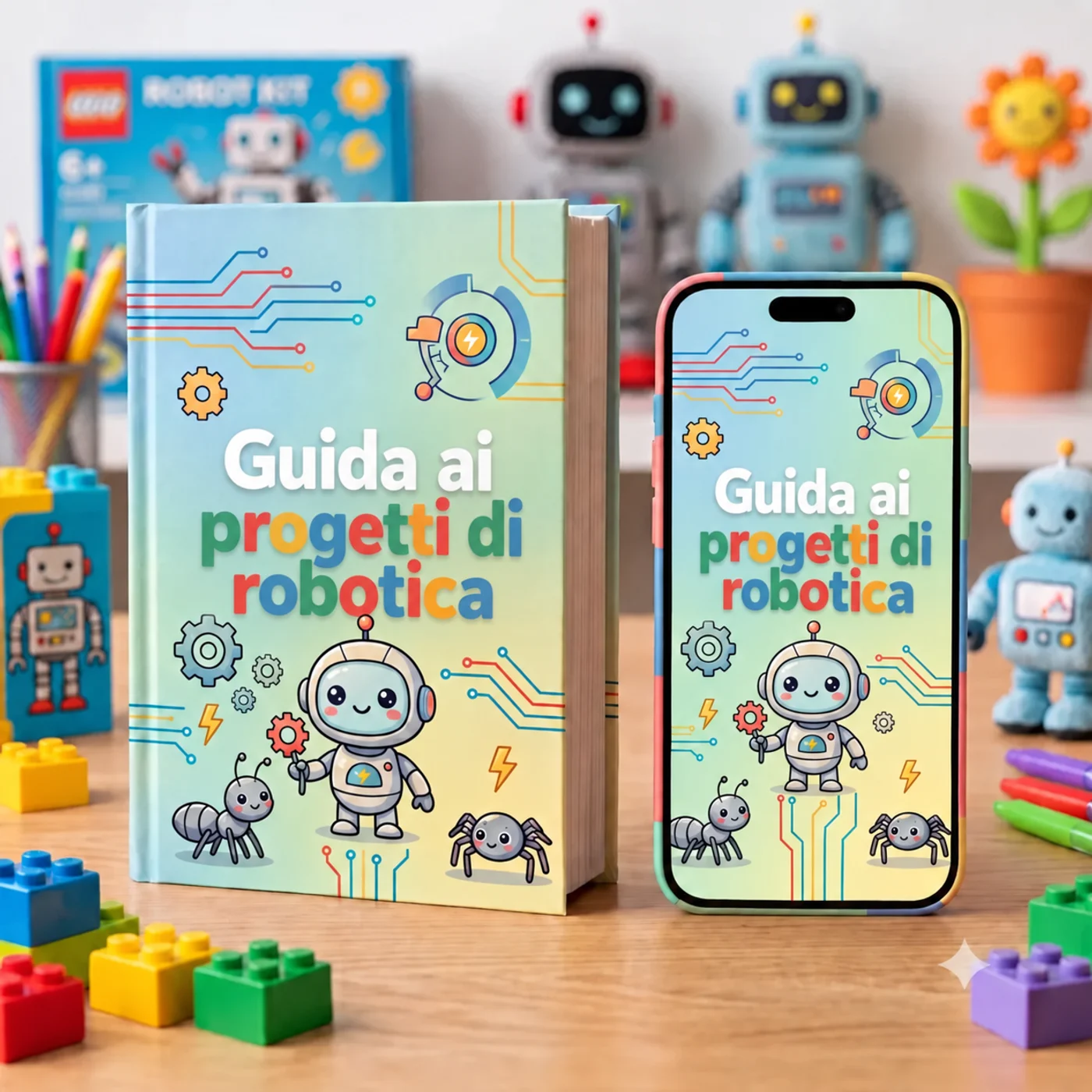 La Guida ai progetti di robotica su tablet, telefono e carta, circondata da progetti finiti costruiti dai bambini